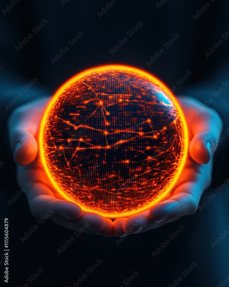 Poster a glowing orb with a network pattern is held delicately in hands, symbolizing technology and connect