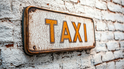 closeup picture of "TAXI" street sign on a old brick wall