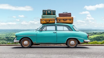 Fototapeta premium Retro car with stacked vintage suitcases on a countryside road. Summer travel and adventure concept