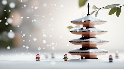 Traveling product poster, traditional Japanese pagoda covered in snow, pastel soft pink fading into white backgroundminiature snowflakes falling gently around, tiny kokeshi dolls placed randomly