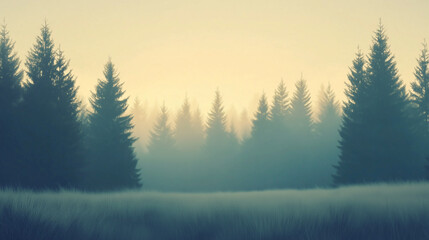Obraz premium Early morning mist envelops a dense fir forest, creating a serene and tranquil setting. The soft light filters through the trees, enhancing the vintage feeling of the landscape