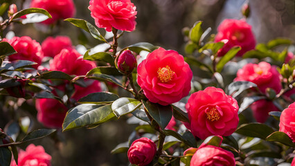 Obraz premium The evolution of a red camellia, showcasing its journey from a closed bud to a fully blossomed state