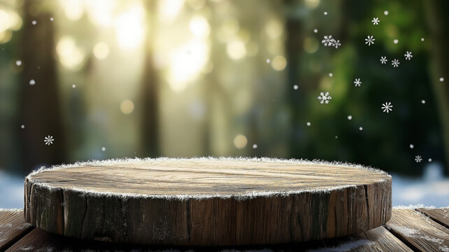A rustic, blank podium made of light-colored wood with a light dusting of snow, placed under warm sunlight. Small snowflakes are melting on the edges of the podium,