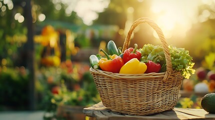 Naklejka premium Colorful Vegetable Basket in a Sunlit Garden Setting