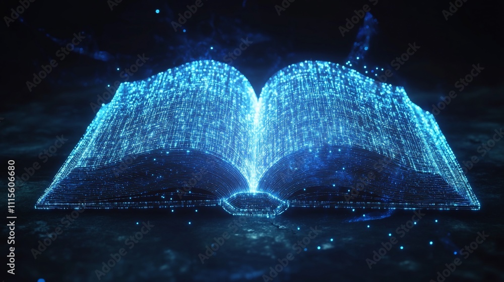Poster a glowing digital book surrounded by floating data particles.