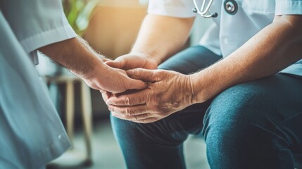 Obraz premium A healthcare professional in a white coat comforting an elderly patient by holding their hands, symbolizing care and empathy in a medical setting.