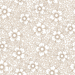 Fototapeta premium Simple beige flowers, white background. Seamless floral pattern-504.