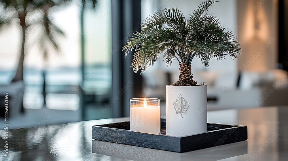 Poster a pair of candles rest atop a table near a vase with a palm tree nestled within