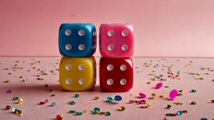 Video footage of Four colorful dice with four dots each, stacked in a grid on a pink background, surrounded by scattered confetti - Powered by Adobe