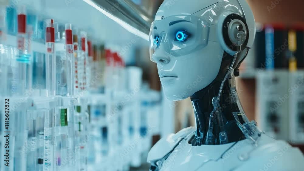 Poster robot with blue eyes observing research materials in a lab setting showcasing advanced ai technology