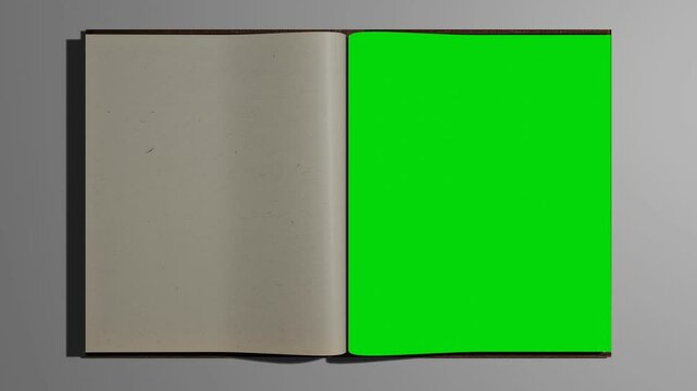 Animated turning pages of an old book with Green Screen growing slowly on white Desk- 3d animation 4K	