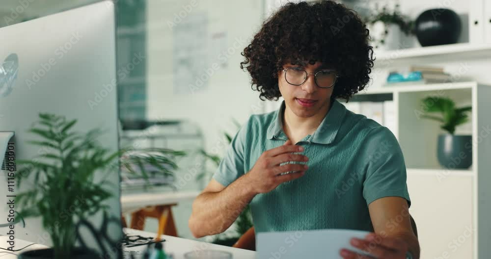 Aufkleber Serious, online and programming in office, man and IT specialist with glasses, planning or thinking. Contemplating, programmer and ideas for cybersecurity, professional or troubleshooting of software