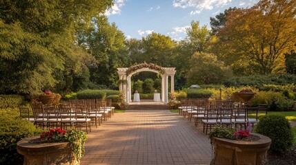Elegant Garden Wedding, a stunning ceremony space adorned with a beautifully decorated arch, chairs arranged along a charming aisle, exuding joy and romance.