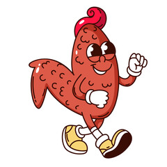 Groovy chicken wing cartoon character walking with smile. Funny retro deep fried chicken piece in oil or barbecue. BBQ party, picnic mascot, cartoon fast food sticker of 70s 80s vector illustration