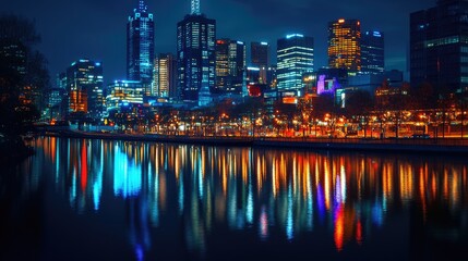 Naklejka premium Night cityscape reflected in calm water.