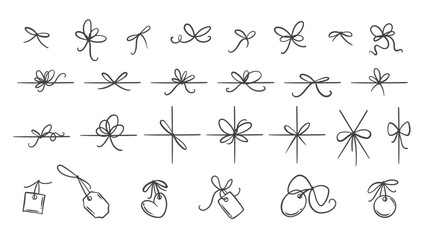 Gift ribbon bow, label tags line icon set. Outline hand drawn cards of different shapes hang on ropes, vintage knot with loops. Present, price mascot, simple creative bow icons vector illustration