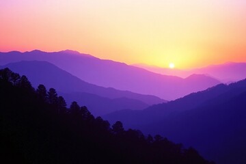 Obraz premium Serene mountain landscape bathed in soft sunset light, sky occupies three-fourths of the view, smooth gradient from orange to indigo, clear sky 5