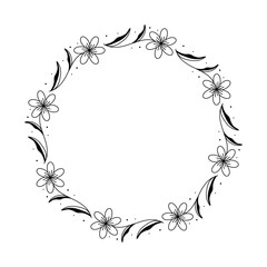 Elegant Black and White Floral Wreath Illustration with Flowers, Curved Leaves, and Circular Pattern