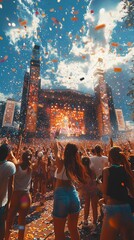 Obraz premium A vibrant music festival and concert with an enthusiastic crowd cheering, shouting, and expressing their excitement and joy. The atmosphere is filled with energy, as fans celebrate live performances a