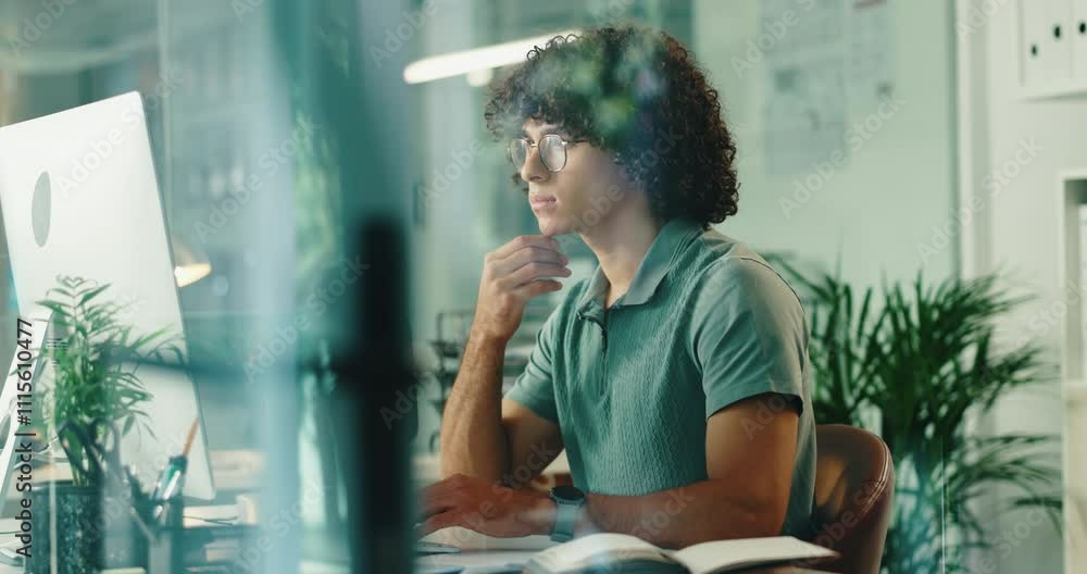 Poster Thinking, online and programming in office, man and IT specialist with glasses, computer or serious. Contemplating, programmer and ideas for cybersecurity, professional or troubleshooting of software