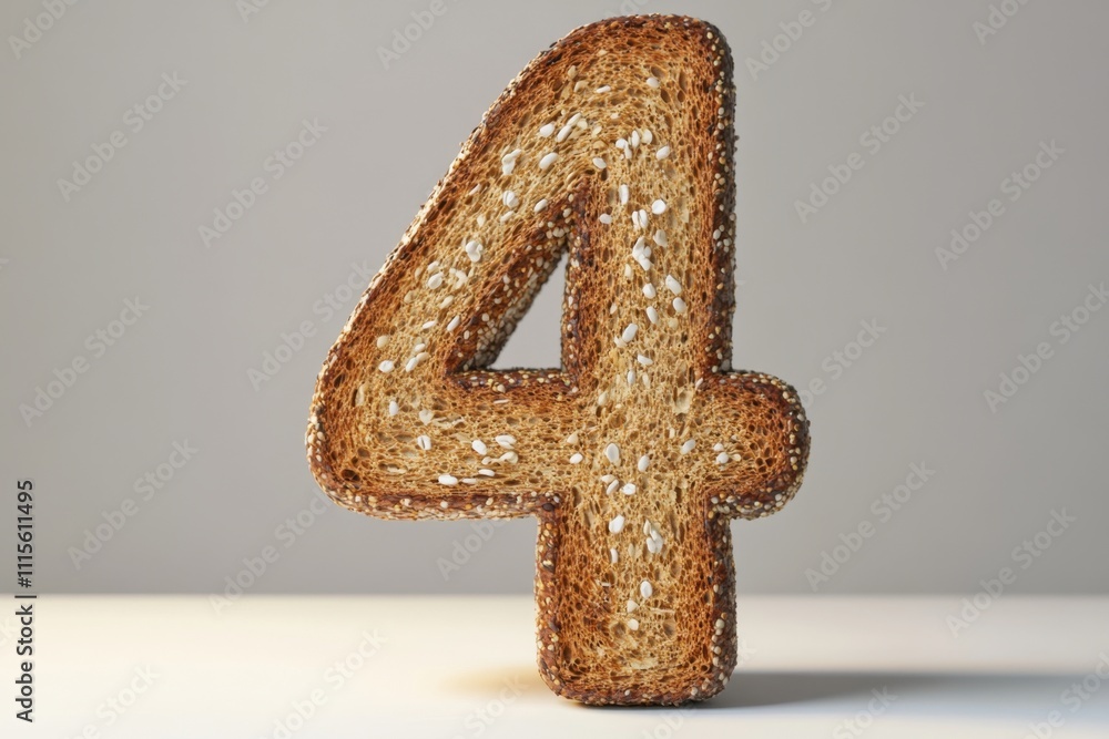Poster a close up of a toasted bread with the number 4 on it