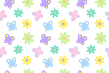 A seamless pattern featuring colorful pastel flowers and butterflies on a white background, ideal for cheerful designs.