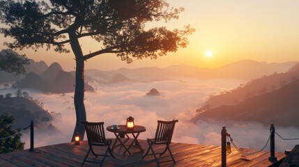 Naklejka premium Tranquil Mountaintop Cafe Deck at Sunrise Above the Clouds