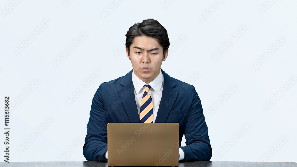 Fototapete ノートパソコン、PC、インターネット、男性、日本人、ビジネスパーソン、ビジネスマン、疑問、ニュース、検索、困る、不安、心配、トラブル、問題、課題、開発、フェイクニュース、悩む、考える、不信感、スパムメール、SNS、情報、認知戦、誤報、陰謀論、仕事、ビジネス、デスクワーク、DX、事務、オフィス、エンジニア、システム、サラリーマン、会社員、人材、デジタル、データ、web、オンライン、ストレス、切り抜き