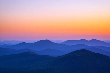 Close view of mountain peaks under a wide sunset sky, clear sky occupying three-fourths of image, gradient from yellow to deep purple, serene 2