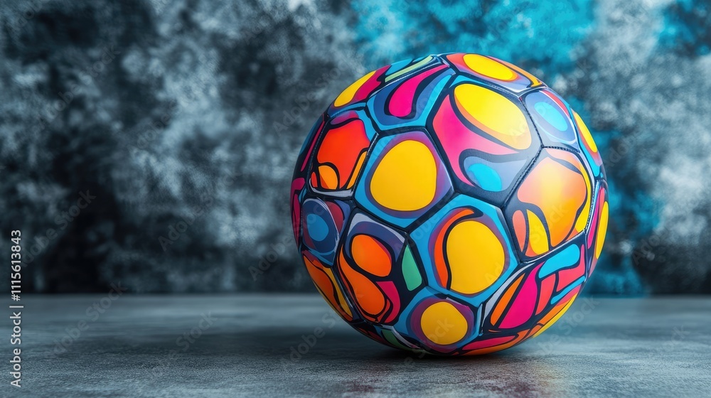 Poster vibrant abstract ball with colorful patterns on a textured background, capturing a playful and artis