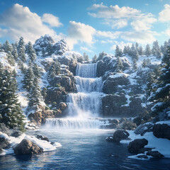 Frozen Elegance: Waterfall Amid a Snowy Wonderland