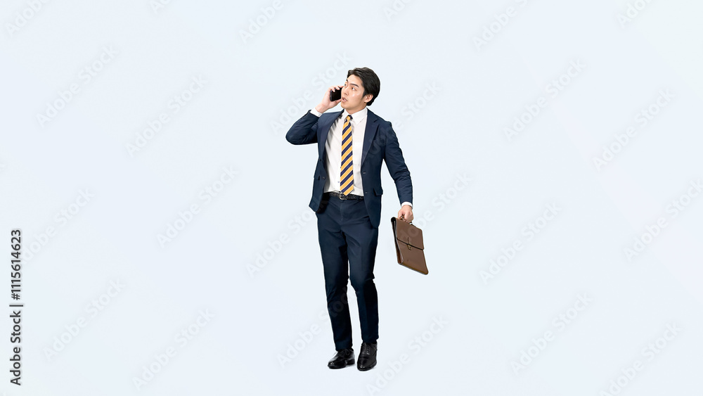 Leinwandbilder ビジネスマン、スマホ、歩く、通話、男性、サラリーマン、ビジネスパーソン、仕事、スマートフォン、ビジネス、忙しい、上司、管理職、指示、指導、全身、オフィス、スーツ、人材、日本人、慌てる、焦る、営業、セールスマン、会社員、アプリ、トラブル、問題、困る、ストレス、失敗、切り抜き、コピースペース、マーケティング、操作、DX、デジタルトランスフォーメーション、経営、リーダー、連絡、急ぐ、遅刻、通勤、走る、白