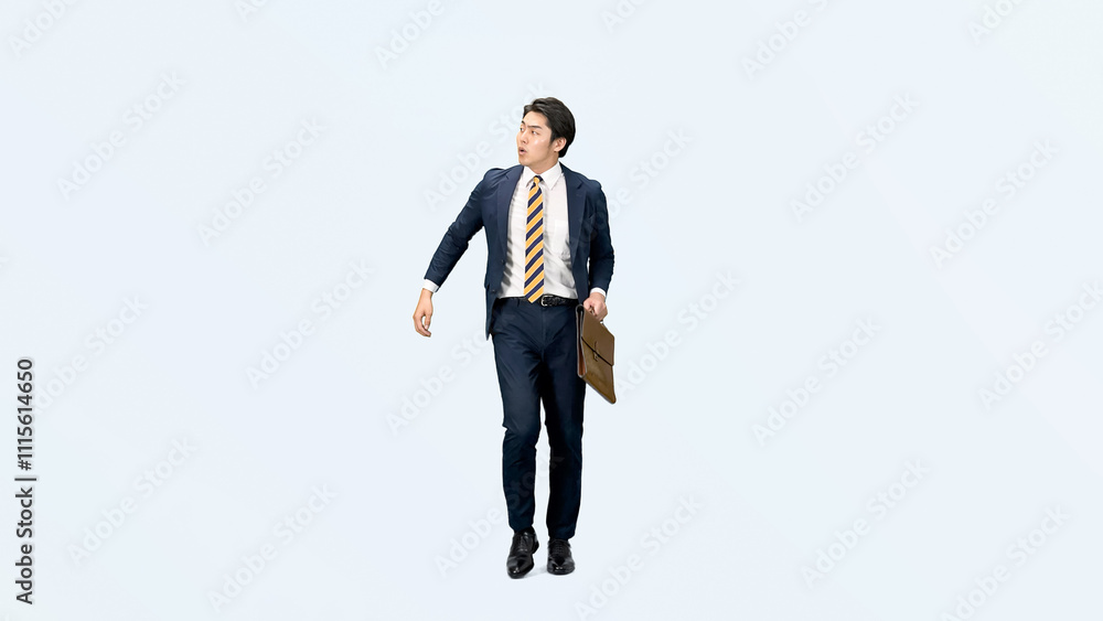 Leinwandbilder 歩く、ビジネスマン、サラリーマン、スマホ、通話、男性、ビジネスパーソン、全身、仕事、忙しい、営業、会社員、ビジネス、スマートフォン、待ち合わせ、訪問、スーツ、働く、元気、アクティブ、アクション、役者、ストレス、カバン、バッグ、ビジネスシーン、日本人、切り抜き、コピースペース、走る、ダッシュ、遅刻、遅れる、焦る、慌てる、連絡、歩行者、セールスマン、イライラ、商談、出張、通勤、急ぐ、失敗、トラブル、白