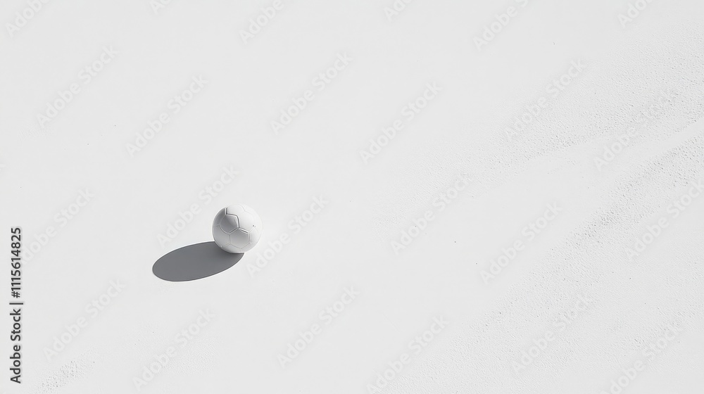 Poster a solo white ball on an expansive white surface casting a shadow in soft lighting, perfect for illus