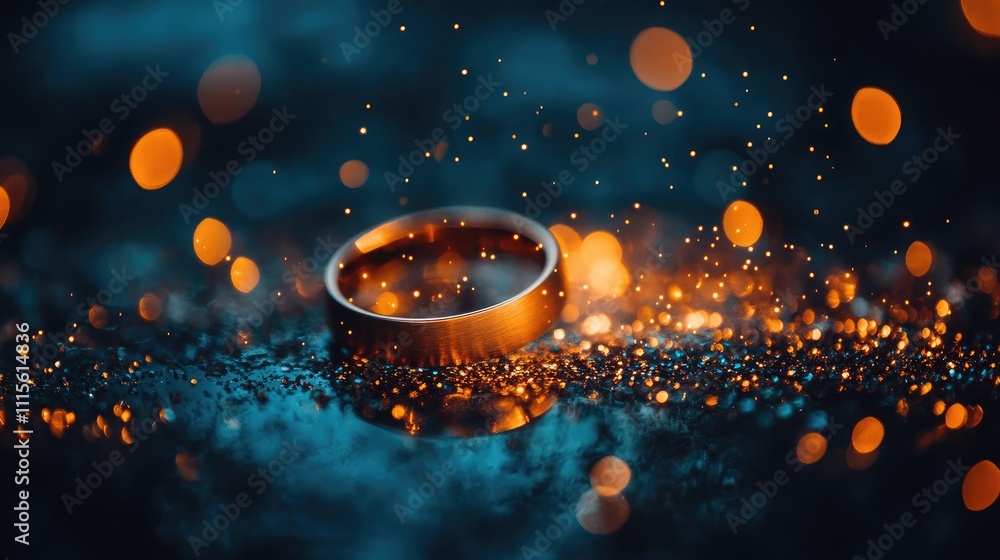 Poster a close-up of a beautiful gold ring surrounded by glowing bokeh lights and sparkling particles on a 
