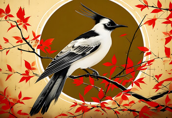 Fototapeta premium The image is a digital art piece that features a bird perched on a branch with red leaves. The overall style of the image is reminiscent of traditional Japanese art.