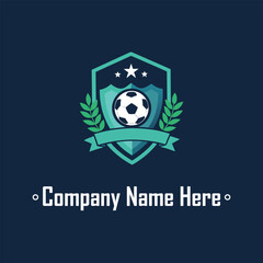 Obraz premium Shield soccer ball laurel stars ribbon dark blueteal minimalist