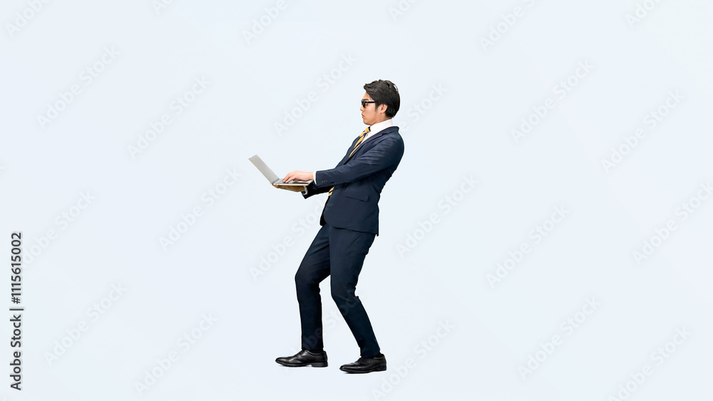 Leinwandbilder ビジネスマン、ノートパソコン、男性、ダンス、踊る、ビジネスパーソン、PC、仕事、ビジネス、DX、経理、事務、簿記、クラウド、ソフトウェア、アプリ、システム、エンジニア、SE、全身、切り抜き、コピースペース、ノリノリ、嬉しい、喜ぶ、元気、ハッピー、スーツ、メール、日本人、転職、検索、web、オンライン、インターネット、ステップアップ、スキルアップ、成長、開発、人材、テクノロジー、眼鏡、ERP、AI、