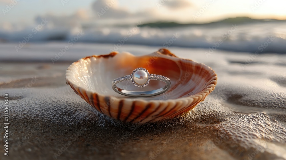 Aufkleber elegant pearl ring displayed on a shell by the shore with gentle waves and soft sunset light creatin