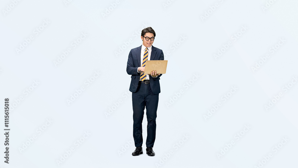 Leinwandbilder ノートパソコン、ビジネスマン、ビジネス、男性、PC、ビジネスパーソン、DX、システム、エンジニア、全身、切り抜き、コピースペース、嬉しい、喜ぶ、元気、ハッピー、スーツ、メール、日本人、仕事、転職、検索、web、オンライン、インターネット、ローンチ、完成、成功、合格、ステップアップ、スキルアップ、成長、レベルアップ、ニュース、ソフトウェア、開発、人材、テクノロジー、眼鏡、笑顔、営業、ERP、SNS、