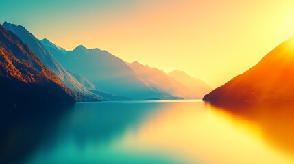 Fototapeta premium Golden Sunrise Over Lake and Mountain Valleys