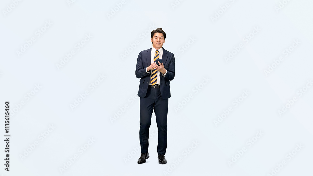 Leinwandbilder スマホ、スマートフォン、ビジネスマン、男性、サラリーマン、ビジネス、ビジネスパーソン、アプリ、タッチ、動画、撮影、写真、検索、会社員、SNS、操作、キャンペーン、セール、クーポン、ポイント、全身、メール、日本人、スーツ、仕事、切り抜き、コピースペース、パントマイム、転職、DX、モバイル、IT、人材、デジタルトランスフォーメーション、画面、予約、使う、白バック、広告、横長、バナー、ニュース、app、