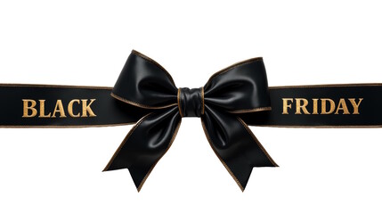 Black ribbon with bow and gold lettering BLACK FRIDAY, retail promotions, discounts, big sales.