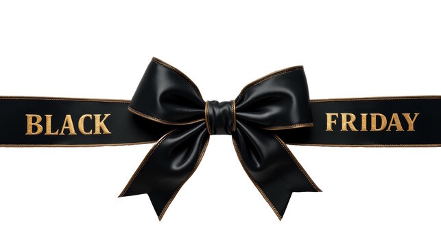 Black ribbon with bow and gold lettering BLACK FRIDAY, retail promotions, discounts, big sales.