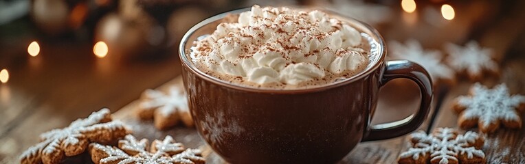 Winter Hot Cocoa with Decorative Cookies on Rustic Plate