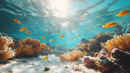 Obraz premium Vibrant Underwater Coral Reef with Colorful Fish in Sunlit Ocean Scene