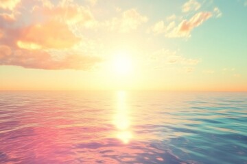 Obraz premium A soft sunset horizon with soft gradient colors blending into the sky, gentle lensflare enhancing the peaceful mood, double exposure of clouds and the calm ocean below, relaxing and meditative 2