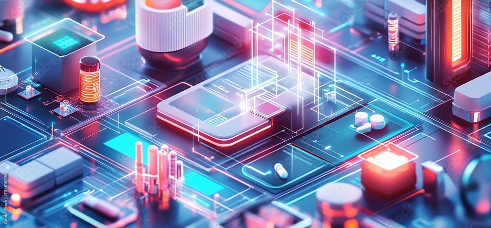 Poster a vibrant digital circuit board with glowing components and data flow.