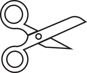 Scissor icon in black linear style. Simple silhouette of open scissor. Coupon mark and symbol for cropping, signifying voucher element. Barber sharp cut trim vector isolated on transparent background.