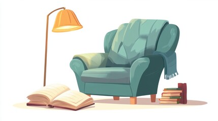 A cartoon illustration of a comfy reading chair, a glowing lamp, and an open book, creating a relaxing vibe, on white